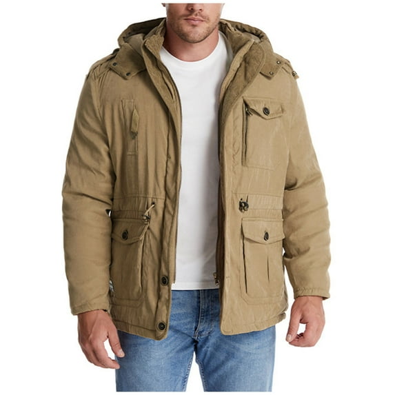IYTR Winter Coats for Men Zipper Long Sleeve Hooded Zip Up Jacket Casual Parka Jacket Thicken Windproof Jackets (Khaki,M)