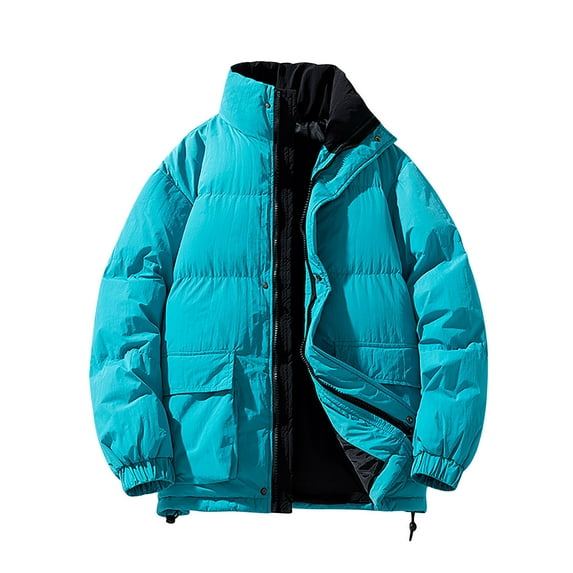 IYTR Winter Jackets for Men Thicken Warm Solid Jacket Long Sleeve Zipper Stand Collar Padded Coats Outwear (Sky Blue,L)