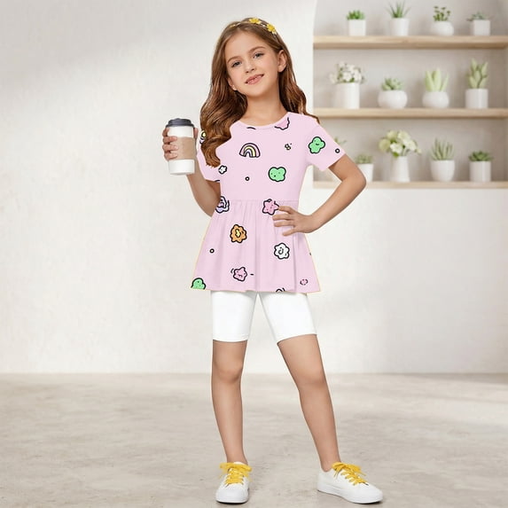 IYYVV 2-Piece Girls' Outfit Breathable Ruffle Top and Biker Short Summer Printed Matching Set Loose Lightweight Lounge Sets Pink 110