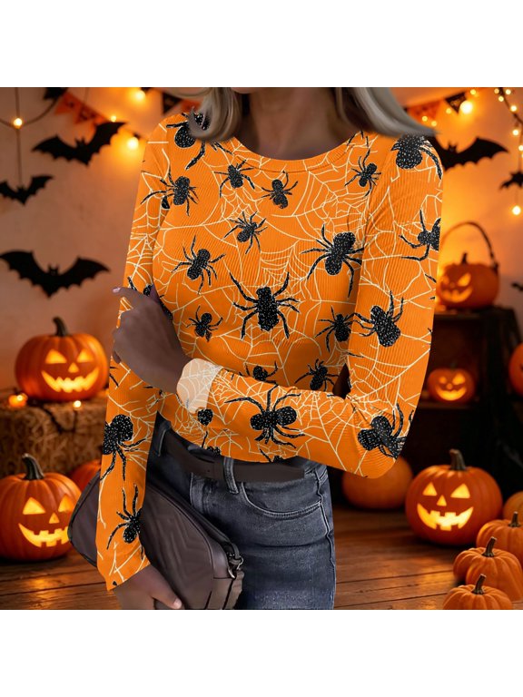 2026 Halloween Shirts For Women Long Sleeve Crewneck Devil Rose Ribbed Knit Tshirt Bats Printed Queen Fall Fashion Sweatershirts Yellow 2XL