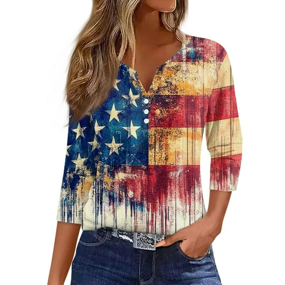 IYYVV 3/4 Length Sleeve Womens Tops 4th of July Button Down Shirts for Women Summer Top 2025 Patriotic Stars Stripes Flag Graphic Tees Red 2XL