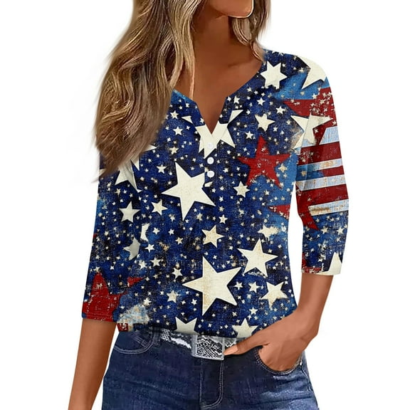 IYYVV 3/4 Length Sleeve Womens Tops 4th of July Button Down Shirts for Women Summer Top 2025 Patriotic Stars Stripes Flag Graphic Tees Royal Blue XL