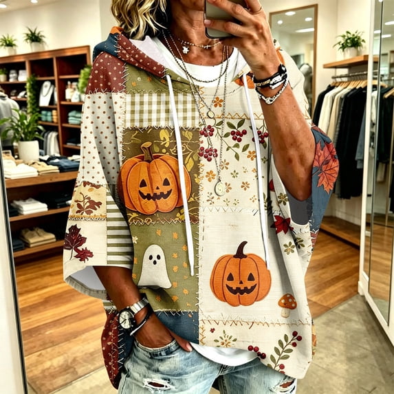 IYYVV 3/4 Sleeve Halloween Hoodies For Women Drawstring Ghost Pumpkin Batwing Sleeve Wearable Blanket Spooky Season Fall Sweatshirts Khaki 3XL