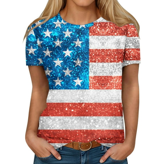 IYYVV 4Th Of July Tops Fall Short Sleeve Shirts For Women Dressy Casual Crewneck Cute Trendy Tunic Tops Stars Stripes Print Oversized T Shirts Women'S Summer Clothes Blue L