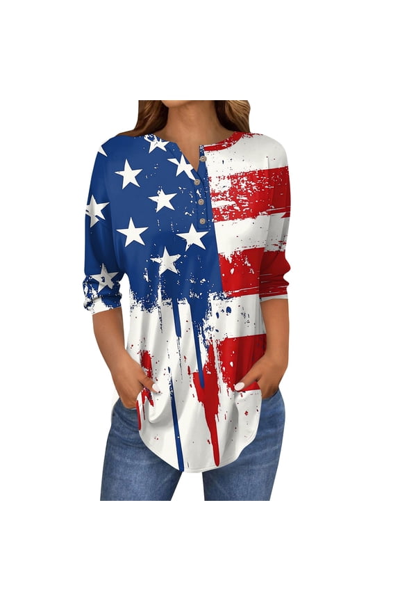 4Th of July Shirts Women 3/4 Sleeve Button Down Henley V Neck Shirts Casual American Flag Three Quarter Length T Shirt Red L
