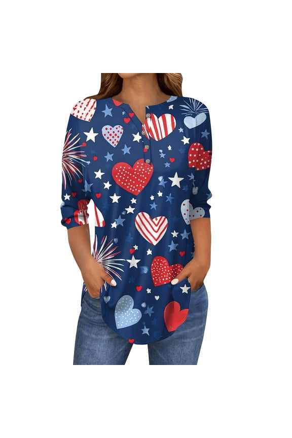 4Th of July Shirts Women 3/4 Sleeve Button Down Henley V Neck Shirts Casual American Flag Three Quarter Length T Shirt Royal Blue XL