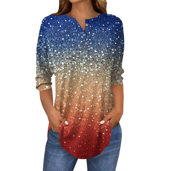 IYYVV 4Th of July Shirts Women 3/4 Sleeve Button Down Henley V Neck Shirts Casual American Flag Three Quarter Length T Shirt Watermelon Red S