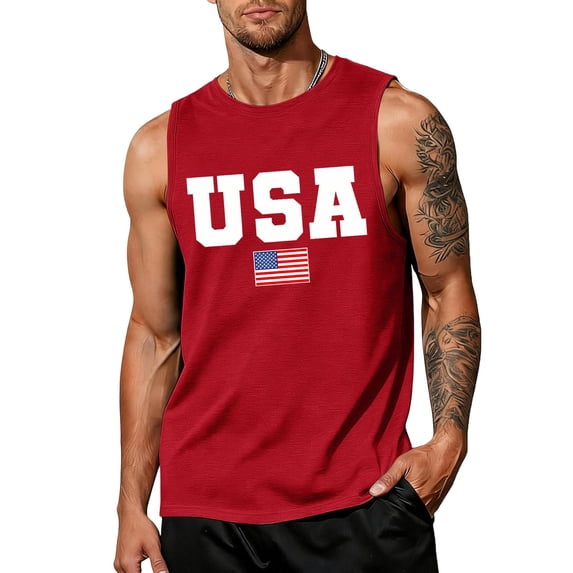 IYYVV 4th of July Tank Tops for Men Patriotic Shirts American Flag Tank Top Sleeveless Graphic Gym Workout Shirts Red L
