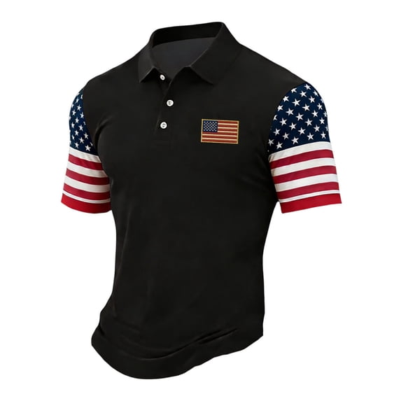 IYYVV 4th of July Usa Shirt Men Short Sleeve Button Polo Shirt America Flag Graphic Tops 2026 Black M