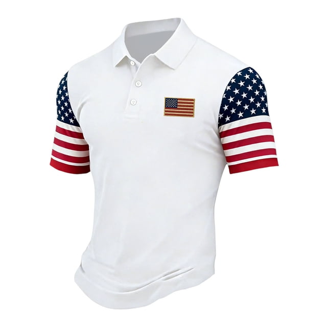 IYYVV 4th of July Usa Shirt Men Short Sleeve Button Polo Shirt America Flag Graphic Tops 2026 White XL