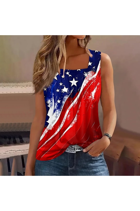 American Flag Tank Tops for Womens Pleated Square Neck Sleeveless Patriotic Shirts 4th of July USA Stars Stripes Tees Red S