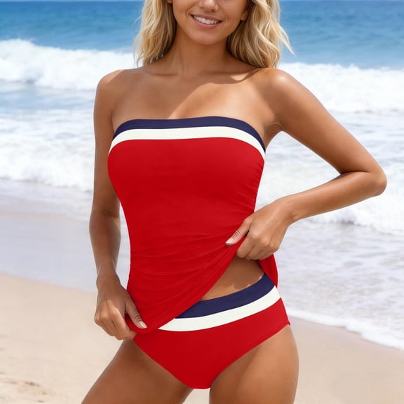 IYYVV Bandeau Tankini Swimsuits For Women - Two Piece Ruched Tummy Control Bathing Suit Strapless Modest Swimwear With Bottoms Red L