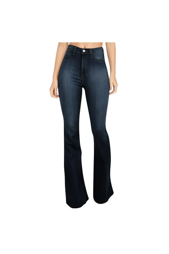 Bell Bottom Jeans for Women Stretchy High Waisted Butt Lifting Trendy Plus Size Flare Jeans Curvy Bootcut Denim Pants with Pockets Dark Blue 2XL