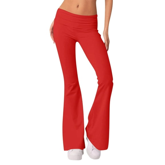 IYYVV Bootcut Leggings for Women Low Rise Tights Bell Bottom Pants Skinny Flared Sweatpants Y2k Solid Color Leggings for Women Comfy Fleece Pajama Pants Women Red L