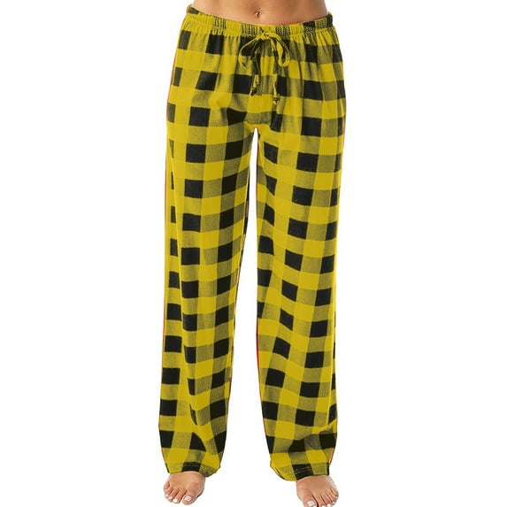IYYVV Buffalo Plaid Pajama Pants Elastic Waist Pajamas Pants Bootcut Bell Bottom Bottoms Lounge Fleece Leggings for Women Yellow XL