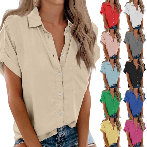 IYYVV Button Down Short Sleeve Shirts for Women V Neck Loose Roll Up Collared Shirt Casual Summer Tops with Pockets Light Blue XL