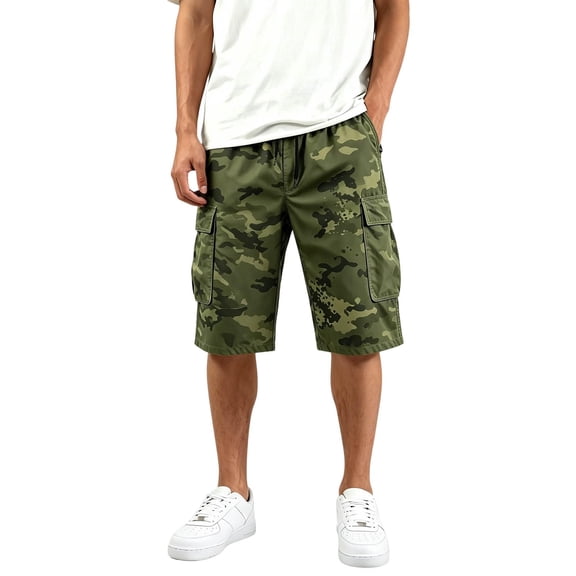 IYYVV Camo Mens Cargo Shorts Casual Elastic Waist Chino Work Shorts Relaxed Fit Hiking Knee Length Short with Multi Pockets 2026 Dark Green 4XL