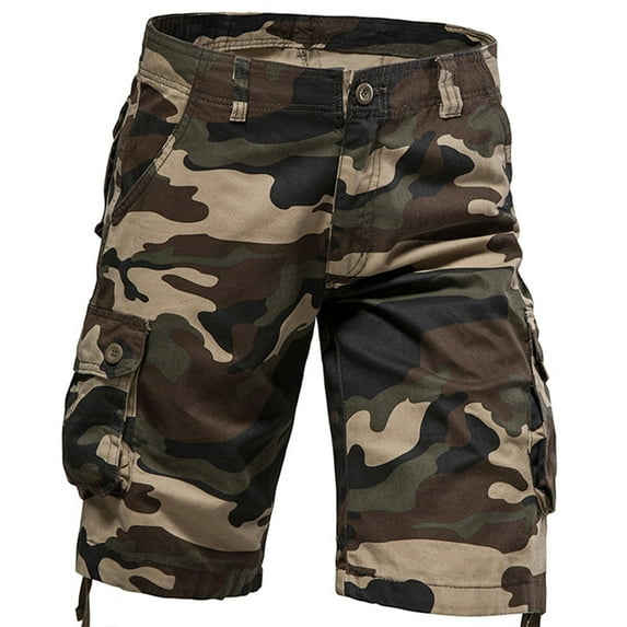IYYVV Cargo Shorts for Men Stretch Camouflage Camo Below The Knee Shorts for Men Belted Cargo Long Shorts with Pocket Khaki 31