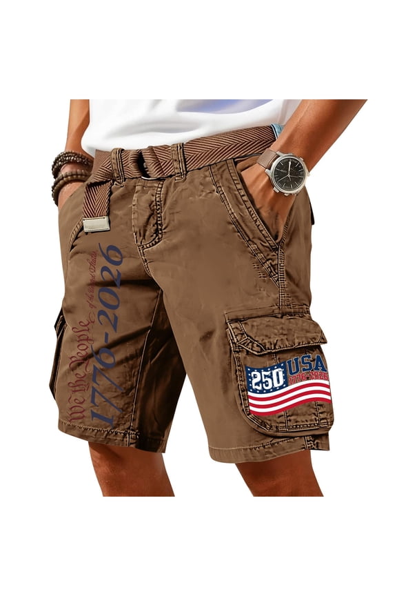 Cargo Shorts for Men Tactical 250 Anniversary USA Shorts 1776 American Flag Graphic Patriotic 4th of July Shorts Brown L