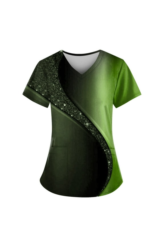 Comfort Fit Stretch Women's Plus Size V-neck Scrub Top Fashion Printed Working Uniform Nurse Uniform Scrubs Pockets Scrub Tops Army Green 4XL