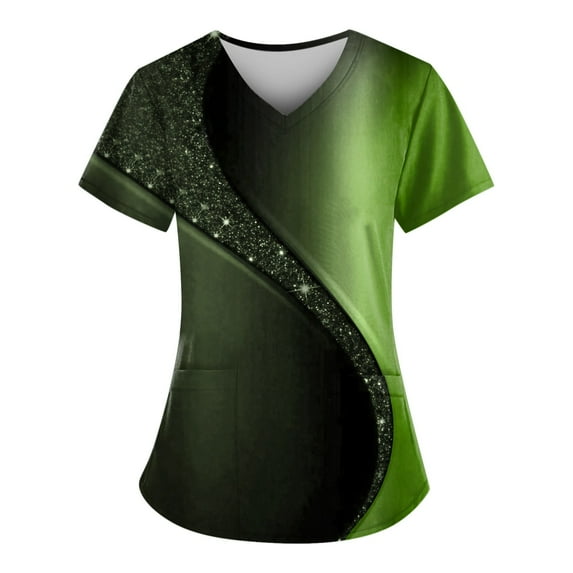 IYYVV Comfort Fit Stretch Women's Plus Size V-neck Scrub Top Fashion Printed Working Uniform Nurse Uniform Scrubs Pockets Scrub Tops Army Green XL