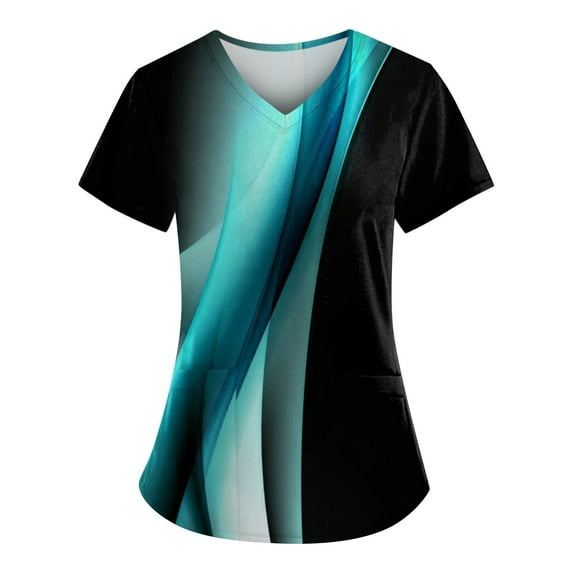 IYYVV Comfort Fit Stretch Women's Plus Size V-neck Scrub Top Fashion Printed Working Uniform Nurse Uniform Scrubs Pockets Scrub Tops Blue XL