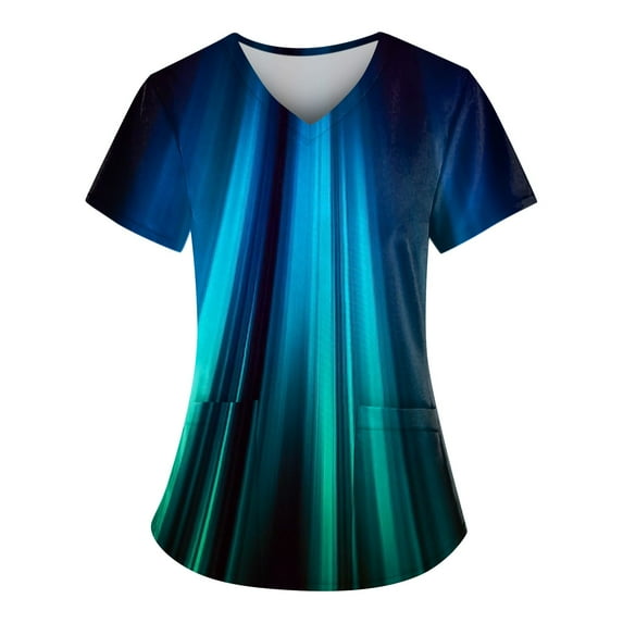 IYYVV Comfort Fit Stretch Women's Plus Size V-neck Scrub Top Fashion Printed Working Uniform Nurse Uniform Scrubs Pockets Scrub Tops Dark Blue 2XL