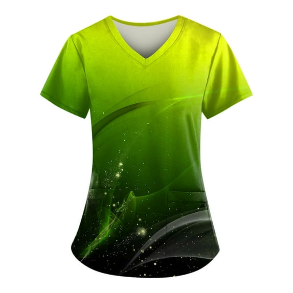IYYVV Comfort Fit Stretch Women's Plus Size V-neck Scrub Top Fashion Printed Working Uniform Nurse Uniform Scrubs Pockets Scrub Tops Green 2XL