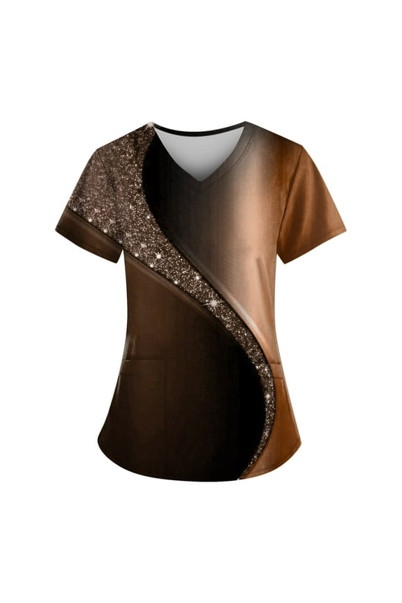 Comfort Fit Stretch Women's Plus Size V-neck Scrub Top Fashion Printed Working Uniform Nurse Uniform Scrubs Pockets Scrub Tops Light Brown 4XL