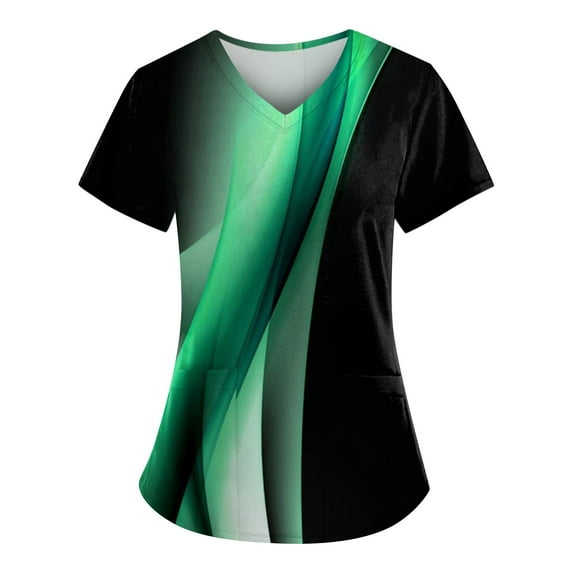 IYYVV Comfort Fit Stretch Women's Plus Size V-neck Scrub Top Fashion Printed Working Uniform Nurse Uniform Scrubs Pockets Scrub Tops Light Green 2XL