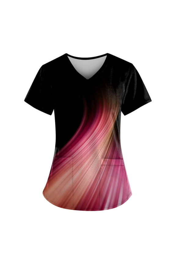 Comfort Fit Stretch Women's Plus Size V-neck Scrub Top Fashion Printed Working Uniform Nurse Uniform Scrubs Pockets Scrub Tops Pink 4XL