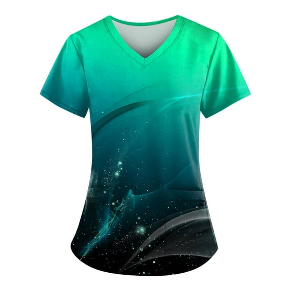 IYYVV Comfort Fit Stretch Women's Plus Size V-neck Scrub Top Fashion Printed Working Uniform Nurse Uniform Scrubs Pockets Scrub Tops Sky Blue 2XL