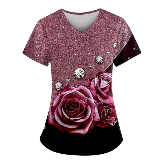 IYYVV Comfort Fit Stretch Women's Plus Size V-neck Scrub Top Fashion Printed Working Uniform Nurse Uniform Scrubs Pockets Scrub Tops Watermelon Red 2XL