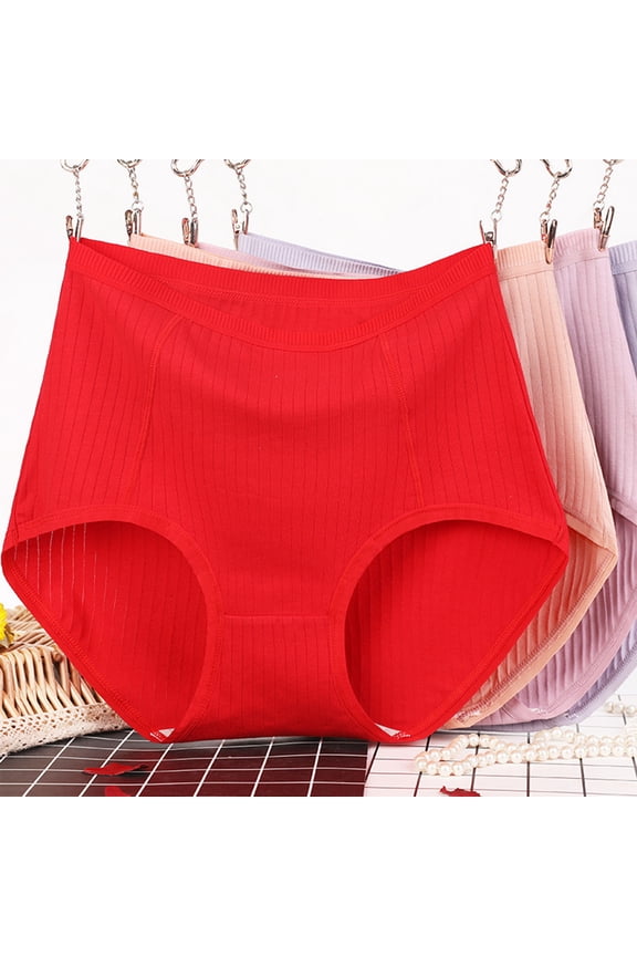 Cotton Underwear For Women Ribbed Full Coverage Briefs High Waisted Soft Breathable Briefs Skin-Friendly Panties Red 2XL