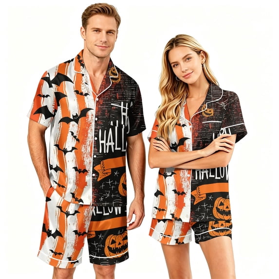 IYYVV Couple Matching Halloween Pajama Set Witch Skeleton Silk Satin Sleepwear Button Down Short Sleeve 2 Piece Lounge Set White L
