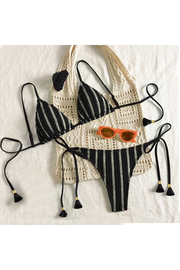 Crochet Bikini Sets For Women Boho Bathing Suits Striped High Cut Side Tie Bikini Swimsuit For Vacation Black S