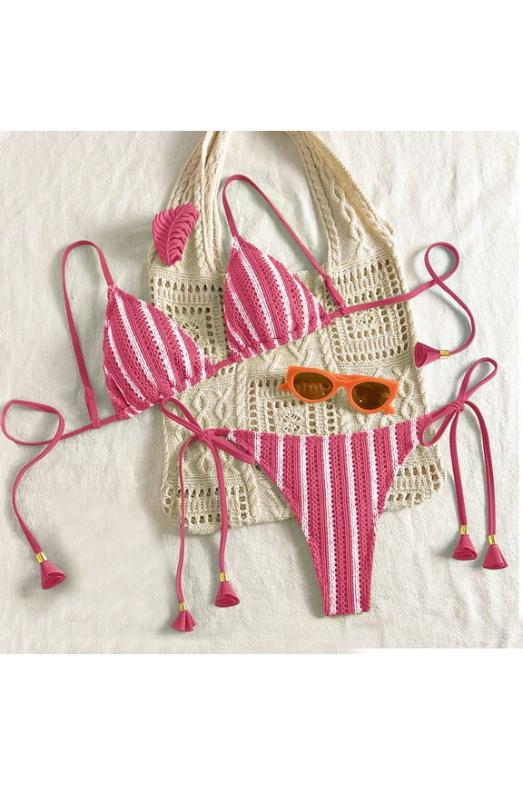 Crochet Bikini Sets For Women Boho Bathing Suits Striped High Cut Side Tie Bikini Swimsuit For Vacation Hot Pink L
