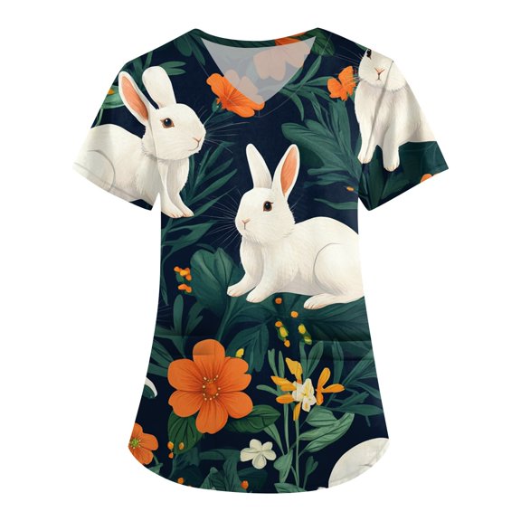 IYYVV Easter Bunny Scrub Tops for Women Plus Size Short Sleeve Nursing Uniforms V Neck Medical Scrub Shirts Stretchy Bunny Egg Hunt Print Scurbs with Pockets Dark Green 4XL