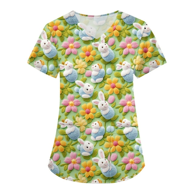 IYYVV Easter Scrubs Top for Women with Pockets Easter Eggs Bunny Rabbit Printed Fun Medical Proffesional V Neck Short Sleeve Working Shirts Plus Size Orange 4XL