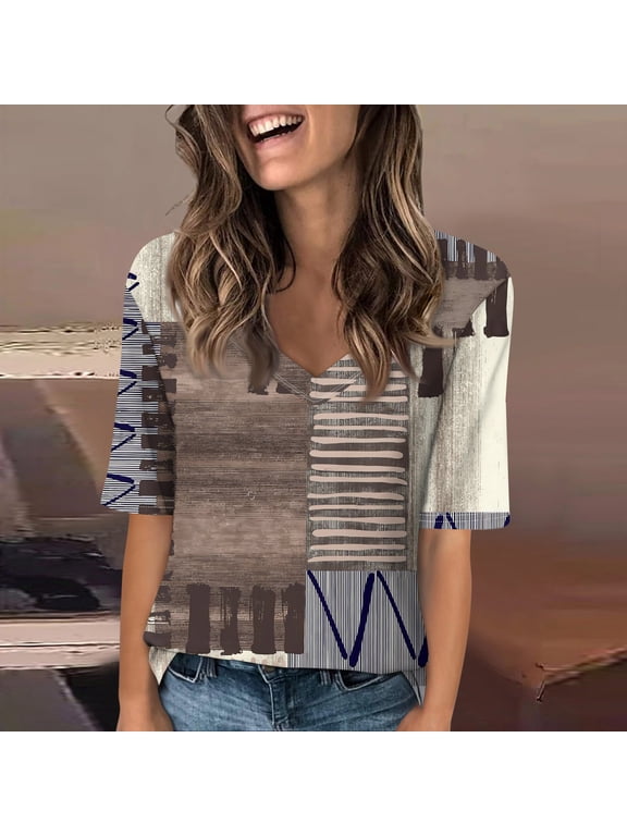Elbow Sleeve Tops Women V Neck T Shirts Half Sleeve Summer Blouses Fashion Floral Printed Tee Green S