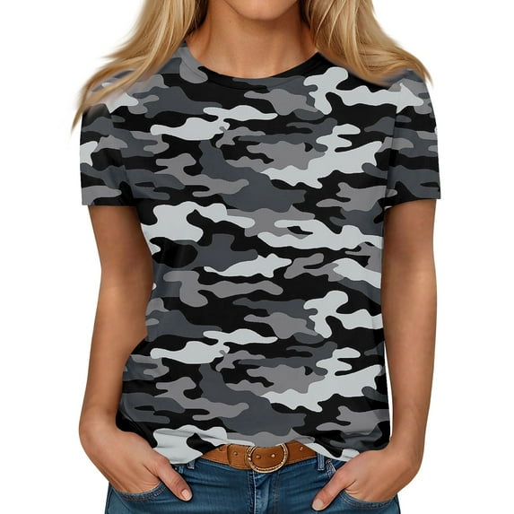 IYYVV Fall Basic Tops For Woman Flowy Casual Sexy Shirts For Women Crew Neck Plus Size Tunic Tops Short Sleeve Camouflage Print T-Shirt 2024 Cute Summer Clothes Black S
