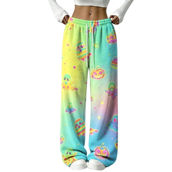 IYYVV Flannel Halloween Pajama Pants for Women Pumpkin Ghost Print Pjs Pants Fall Winter Soft Loungewear Bottoms Ginger L