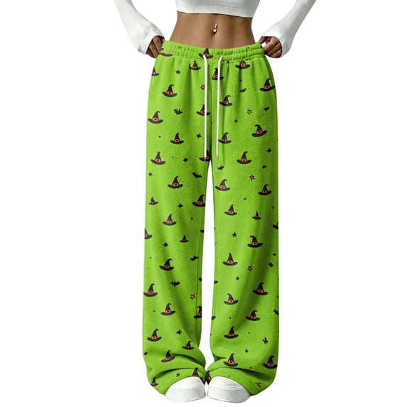 IYYVV Flannel Halloween Pajama Pants for Women Pumpkin Ghost Print Pjs Pants Fall Winter Soft Loungewear Bottoms Green L