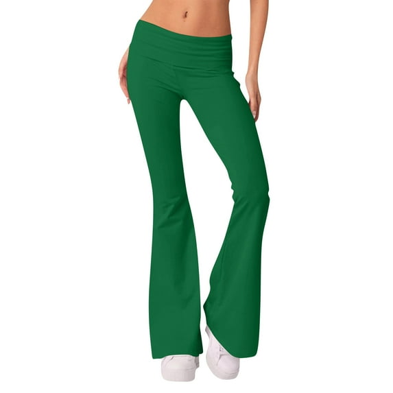 IYYVV Flared Leggings Fold Over Waist Sweatpants for Women Flare Bell Bottoms Womens Pants Dressy Casual Stretchy Sweatpants Solid Color Trousers Fleece Women's Pajama Pants Dark Green XS