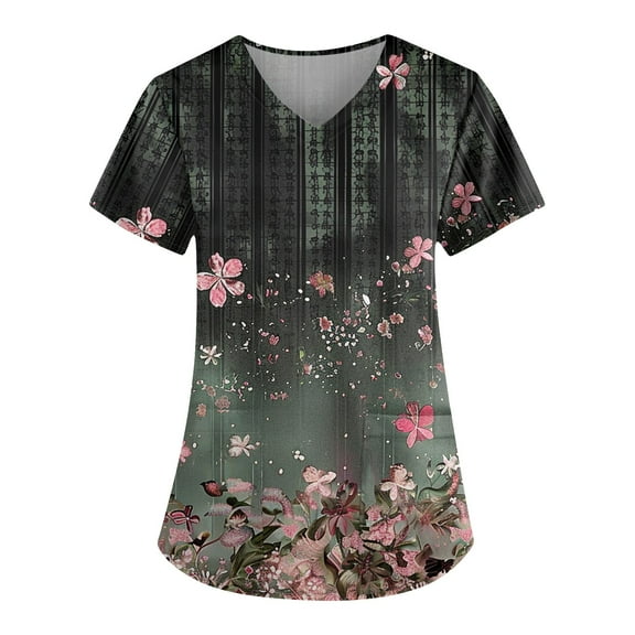 IYYVV Floral Printed Nursing Scrubs Shirts for Women 2024 New Fun Medical Plus Size Scrub Tops with Pockets Army Green XL