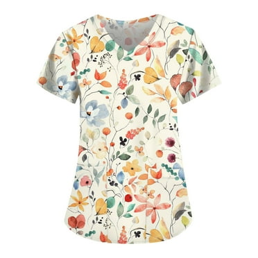 IYYVV Floral Printed Nursing Scrubs Shirts for Women 2024 New Fun Medical Plus Size Scrub Tops with Pockets Beige 4XL
