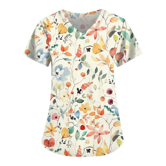 IYYVV Floral Printed Nursing Scrubs Shirts for Women 2024 New Fun Medical Plus Size Scrub Tops with Pockets Beige 5XL