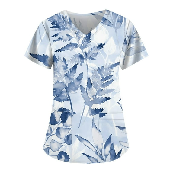IYYVV Floral Printed Nursing Scrubs Shirts for Women 2024 New Fun Medical Plus Size Scrub Tops with Pockets Blue 3XL