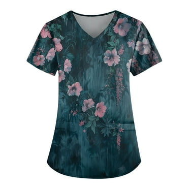 IYYVV Floral Printed Nursing Scrubs Shirts for Women 2024 New Fun Medical Plus Size Scrub Tops with Pockets Cyan 4XL