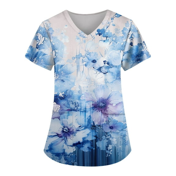 IYYVV Floral Printed Nursing Scrubs Shirts for Women 2024 New Fun Medical Plus Size Scrub Tops with Pockets Light Blue 4XL